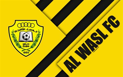 Al-Wasl FC, emirate football club, 4k, material design, yellow black abstraction, emblem, logo, UAE Pro-League, Dubai, UAE, football, Arabian Gulf League