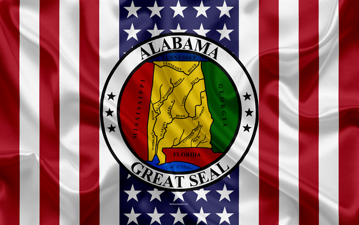 Alabama, USA, 4k, American state, Seal of Alabama, silk texture, US states, emblem, American flag