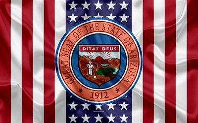 Arizona, EUA, 4k, Estado americano, Selo do Arizona, textura de seda, NOS estados americanos, emblema, Bandeira americana