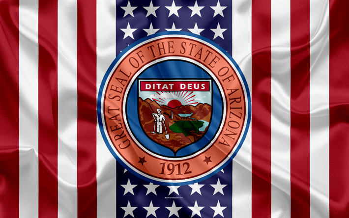 Arizona, USA, 4k, American state, Seal of Arizona, silk texture, US states, emblem, American flag