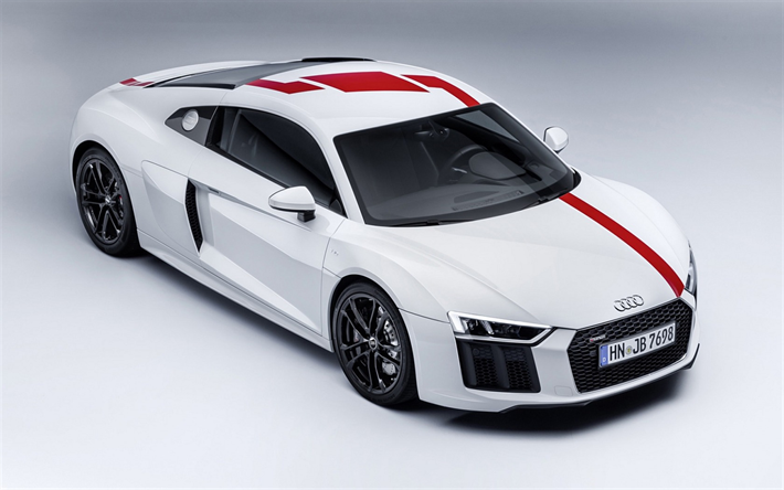Audi R8 RW, 2018, valkoinen urheilu auto, tuning, urheilu coupe, valkoinen R8, Saksan autoja, Audi