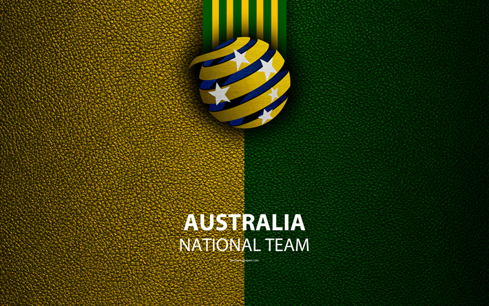 Australia national football team, 4k, leather texture, emblem, Football Federation Australia, FFA, logo, Asia, Football, Australia