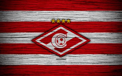 FC Spartak Moscow, 4k, wooden texture, Russian Premier League, soccer, football club, Russia, Spartak Moscow, logo, art, Spartak, football, Spartak Moscow FC