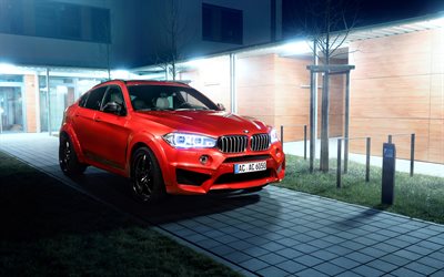 BMW X6, 2018, 4k, 高級スポーツSUV, チューニングX6, 新しい赤色X6, ドイツ車, 夜, F16, AC Schnitzer, BMW