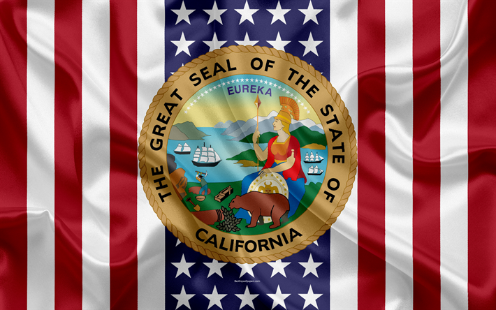 California, estados UNIDOS, 4k, el estado Americano, Sello de California, de seda textura, estados de los estados unidos, el emblema, los estados sello de la bandera Americana