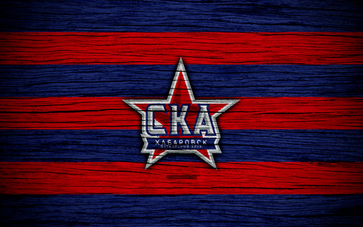 FC SKA Khabarovsk, 4k, wooden texture, Russian Premier League, soccer, football club, Russia, SKA Khabarovsk, logo, art, football, SKA Khabarovsk FC