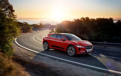 Jaguar I-Pace, 2019, compact crossover, new red I-Pace, British cars, country road, sunset, Jaguar