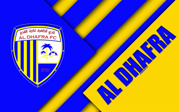 al dhafra fc, emirat football club, 4k, material-design, blau-gelbe abstraktion, emblem, logo, uae pro-league, madinat zayed, vereinigte arabische emirate, fu&#223;ball, arabian gulf league
