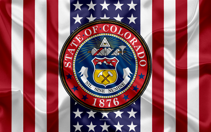 colorado, usa, 4k-amerikanischen staat, seal of colorado, seide textur, emblem, staaten, dichtung, amerikanische flagge