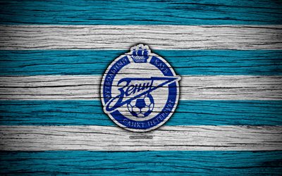 FC Zenit, 4k, wooden texture, Russian Premier League, soccer, football club, Russia, Zenit, logo, art, football, Zenit FC