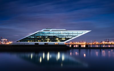 Hamburgo, Elba, Plataforma de visualiza&#231;&#227;o, Altona, Noite, Alemanha, arquitetura moderna, Docas