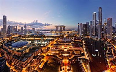 4k, Singapur, modern mimari, gece şehir, Şehir, Asya