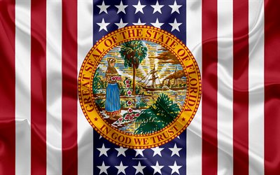 Florida, USA, 4k, American state, Seal of Florida, silk texture, US states, emblem, states seal, American flag