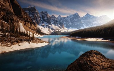 Moraine Lake, mountain landscape, glacial lake, spring, forest, Banff, Canada, Lake Louise