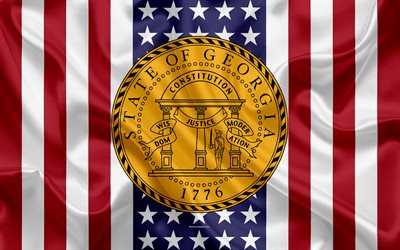 Georgia, USA, 4k, American state, Seal of Georgia, silk texture, US states, emblem, states seal, American flag