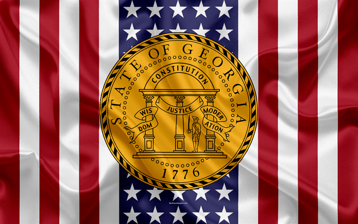 Georgia, USA, 4k, Amerikan valtio, Seal of Georgia, silkki tekstuuri, YHDYSVALTOJEN, tunnus, valtioiden tiiviste, Amerikan lippu