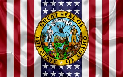 Idaho, USA, 4k, American state, Seal of Idaho, silk texture, US states, emblem, states seal, American flag