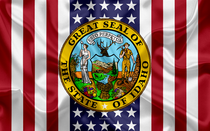 En Idaho, estados UNIDOS, 4k, el estado Americano, Sello de Idaho, seda textura, estados de los estados unidos, el emblema, los estados sello de la bandera Americana