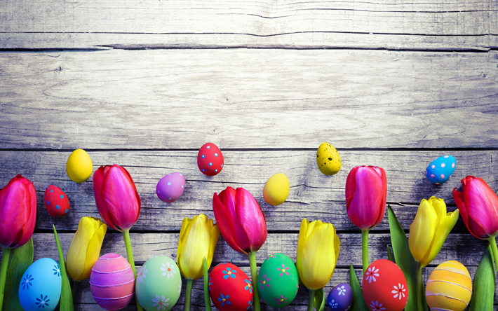 tulipani rosa, Pasqua, grigio sfondo di legno, uova di pasqua, pasqua decorazione