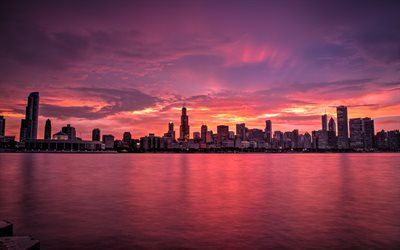 شيكاغو, 4k, مناظر المدينة, بانوراما, غروب الشمس, الولايات المتحدة الأمريكية, أمريكا