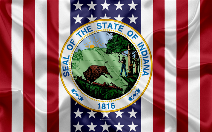 Indiana, USA, 4k, Amerikan valtio, Seal of Indiana, silkki tekstuuri, YHDYSVALTOJEN, tunnus, valtioiden tiiviste, Amerikan lippu