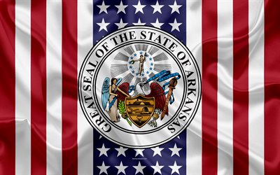 Arkansas, USA, 4k, American state, Seal of Arkansas, silk texture, US states, emblem, states seal, American flag