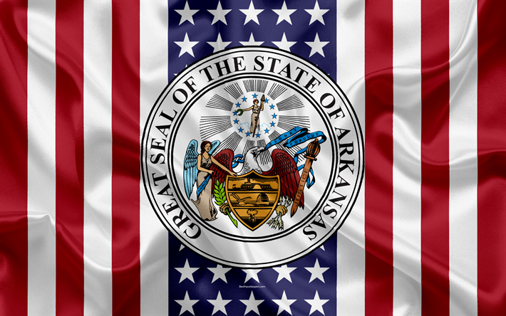 Arkansas, EUA, 4k, Estado americano, Selo de Arkansas, textura de seda, NOS estados americanos, emblema, estados selo, Bandeira americana