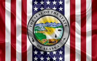 Alaska, USA, 4k, American state, Seal of Alaska, silk texture, US states, emblem, states seal, American flag