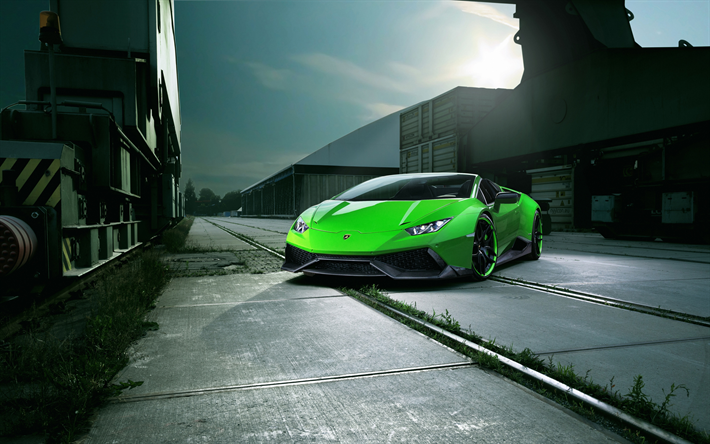 4k, Lamborghini Huracan, bilar, supercars, gr&#246;na Huracan, fabriken, Lamborghini