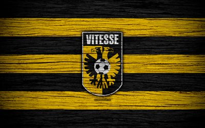 Vitesse FC, 4k, Campeonato holandês, futebol, Holanda, clube de futebol, Vitesse, textura de madeira, FC Vitesse