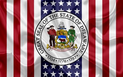 Delaware, ipek doku, ABD, amblemi, devlet seal of Delaware, 4k, Amerikan Devlet M&#252;hr&#252;, Amerikan bayrağı