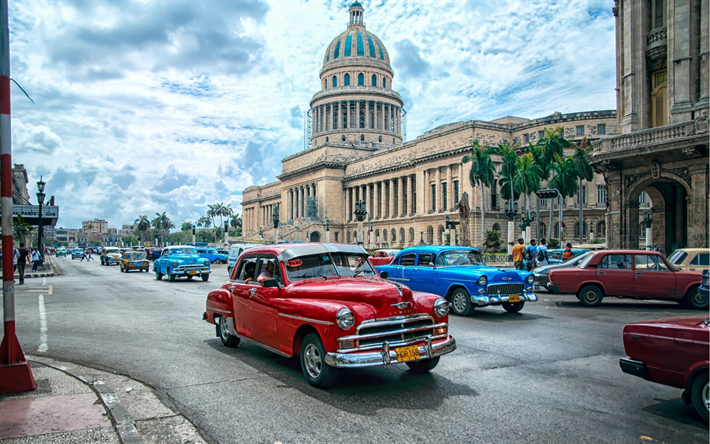 Capitol, Havanna, byggnad av Parlamentet i Kuba, Kuba, gamla bilar, klassiska bilar