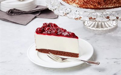 cake, cheesecake, cherry cake, sweets, white plate, fork