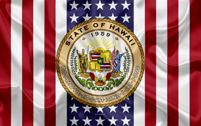Hawaii, USA, 4k, American state, Seal of Hawaii, silk texture, US states, emblem, states seal, American flag