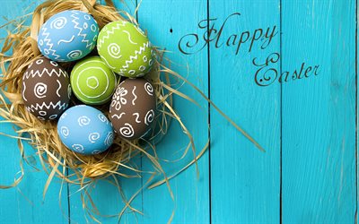 Happy Easter, congratulation, spring, easter colored eggs, 2018, decoration, blue wooden background