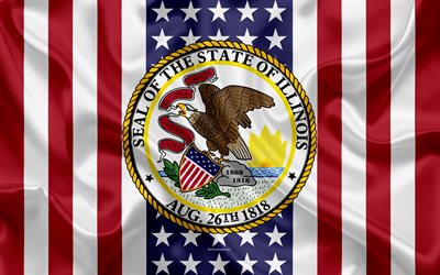 Illinois, USA, 4k, Amerikan valtio, Seal of Illinois, silkki tekstuuri, YHDYSVALTOJEN, tunnus, valtioiden tiiviste, Amerikan lippu