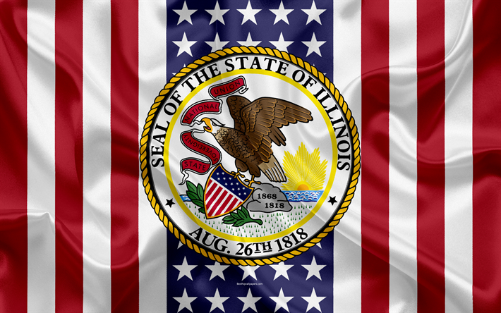Illinois, USA, 4k, American state, Seal of Illinois, silk texture, US states, emblem, states seal, American flag
