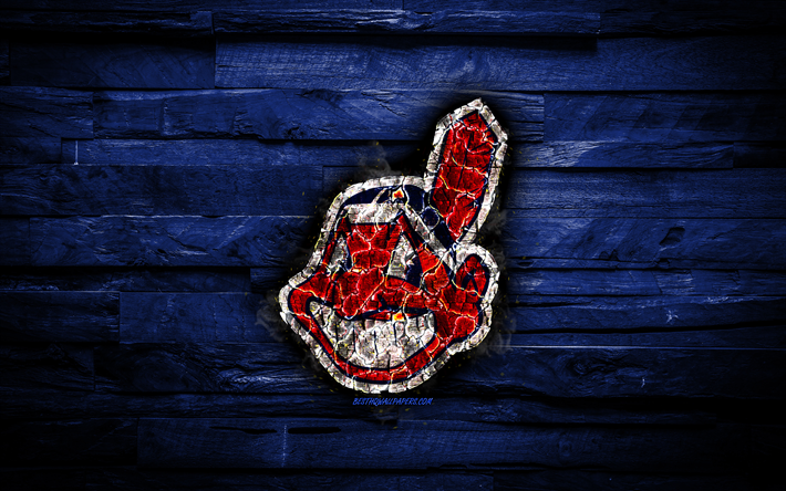 Cleveland Indians, 4k, scorched logo, MLB, blue wooden background, american baseball team, The Tribe, grunge, baseball, Cleveland Indians logo, fire texture, USA
