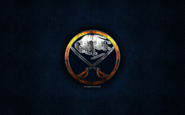 Buffalo Sabres, Amerikan hokey kul&#252;b&#252;, mavi metal doku, metal logo, amblem, NHL, Buffalo, New York, ABD Ulusal Hokey Ligi, yaratıcı sanat, hokey