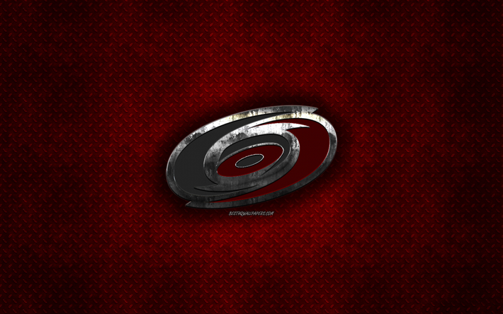 Carolina Hurricanes, American hockey club, rosso, struttura del metallo, logo in metallo, emblema NHL, North Carolina, USA, National Hockey League, arte creativa, hockey