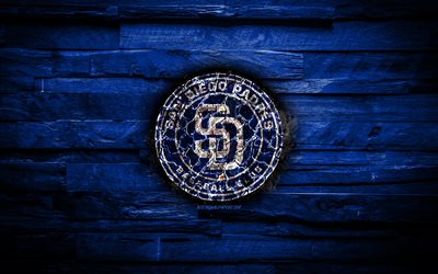 San Diego Padres, 4k, scorched logo, MLB, blue wooden background, american baseball team, Padres, grunge, baseball, San Diego Padres logo, fire texture, USA
