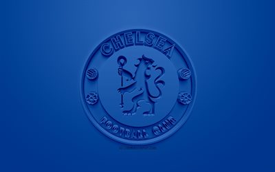 チェルシーFC, 創作3Dロゴ, 青色の背景, 3dエンブレム, 英語サッカークラブ, プレミアリーグ, ロンドン, イギリス, 3dアート, サッカー, お洒落な3dロゴ