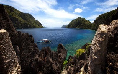 O-Ninho, ilhas tropicais, bay, barco, Palawan, Filipinas, viagens de ver&#227;o, bela paisagem, ilhas