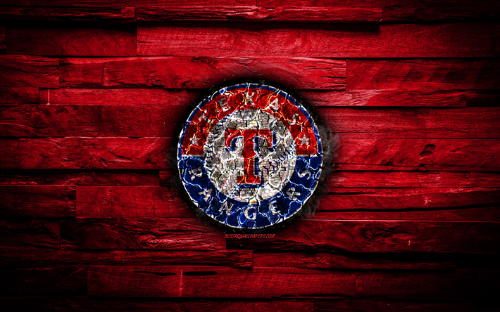 Texas Rangers, 4k, br&#228;nda logotyp, MLB, r&#246;tt tr&#228; bakgrund, amerikansk baseball team, grunge, baseball, Texas Rangers logotyp, brand konsistens, USA