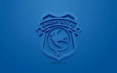 كارديف سيتي, الإبداعية شعار 3D, خلفية زرقاء, 3d شعار, ويلز لكرة القدم, الدوري الممتاز, كارديف, ويلز, الفن 3d, كرة القدم, أنيقة شعار 3d