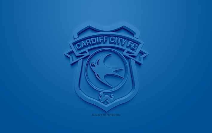 Cardiff City FC, creative 3D logo, blue background, 3d emblem, Welsh football club, Premier League, Cardiff, Wales, 3d art, football, stylish 3d logo