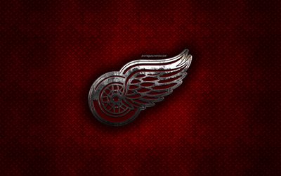 Detroit Red Wings, American hockey club, punainen metalli tekstuuri, metalli-logo, tunnus, NHL, Detroit, Michigan, USA, National Hockey League, creative art, j&#228;&#228;kiekko