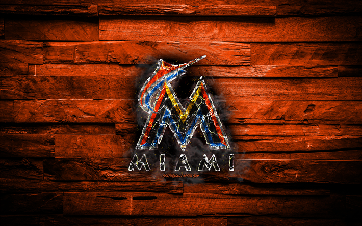Miami Marlins, 4k, scorched logo, MLB, orange wooden background, american baseball team, grunge, baseball, Miami Marlins logo, fire texture, USA
