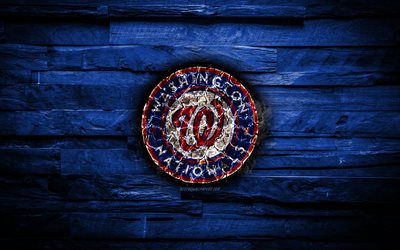 Washington Nationals, 4k, arrasada logotipo, MLB, de madeira azul de fundo, americana time de beisebol, grunge, beisebol, Washington Nationals logotipo, fogo textura, EUA