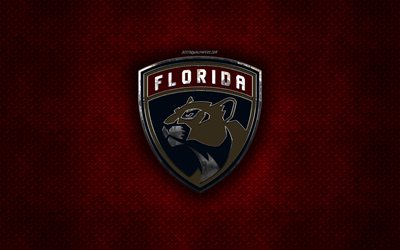 Florida Panthers, American hockey club, red metal texture, metal logo, emblem, NHL, Sunrise, Florida, USA, National Hockey League, creative art, hockey